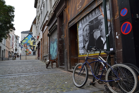 BRUSSELS, BELGIUM - JULY 14: Louis de Funes posters on a wall - streetart on a street of Brussels on July 14, 2014 in Brussels, Belgium. Brussels is known as a homeland of comic strips and is full of murals and streetart.のeditorial素材