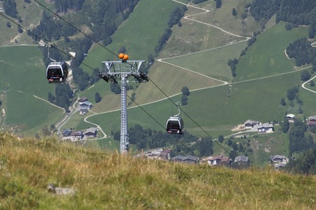 Cableway with idyllic summer mountains landscape, Saalbach-Hinterglemm, Alps, Austriaのeditorial素材