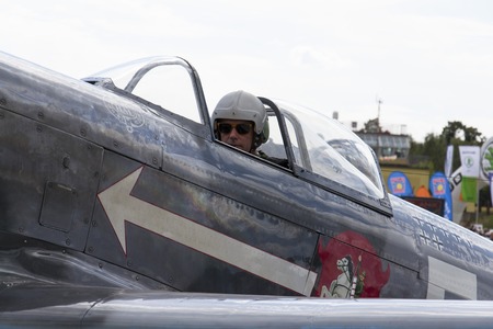 HRADEC KRALOVE, CZECH REPUBLIC - SEPTEMBER 5: World War II Soviet fighter Yakovlev Yak-3 on runway at the CIAF - Czech international air fest on September 5, 2015 in Hradec Kralove, Czech republic.のeditorial素材