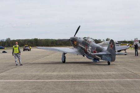 HRADEC KRALOVE, CZECH REPUBLIC - SEPTEMBER 5: World War II Soviet fighter Yakovlev Yak-3 on runway at the CIAF - Czech international air fest on September 5, 2015 in Hradec Kralove, Czech republic.のeditorial素材