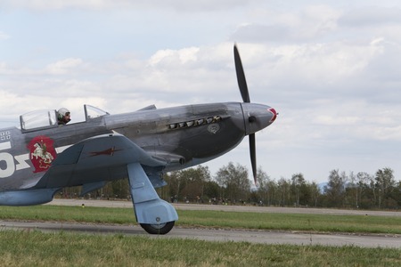 HRADEC KRALOVE, CZECH REPUBLIC - SEPTEMBER 5: World War II Soviet fighter Yakovlev Yak-3 on runway at the CIAF - Czech international air fest on September 5, 2015 in Hradec Kralove, Czech republic.のeditorial素材
