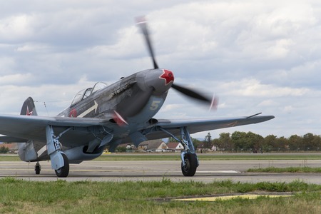 HRADEC KRALOVE, CZECH REPUBLIC - SEPTEMBER 5: World War II Soviet fighter Yakovlev Yak-3 on runway at the CIAF - Czech international air fest on September 5, 2015 in Hradec Kralove, Czech republic.のeditorial素材