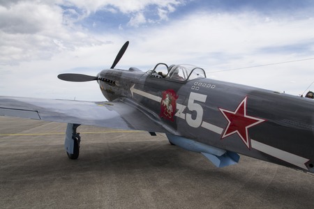 HRADEC KRALOVE, CZECH REPUBLIC - SEPTEMBER 5: World War II Soviet fighter Yakovlev Yak-3 on runway at the CIAF - Czech international air fest on September 5, 2015 in Hradec Kralove, Czech republic.のeditorial素材