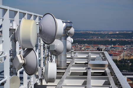 Bunch of transmitters and aerials on the skyscraper in Prague, Czech Republicの写真素材