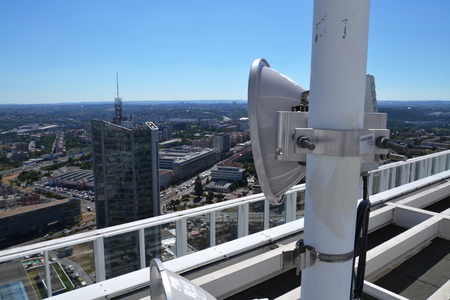 Bunch of transmitters and aerials on the skyscraper in Prague, Czech Republicの写真素材