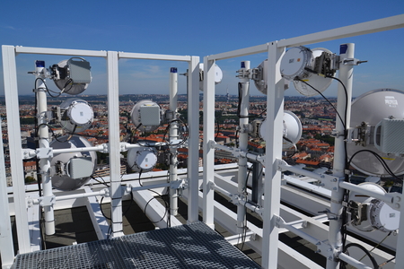 Bunch of transmitters and aerials on the skyscraper in Prague, Czech Republicの写真素材