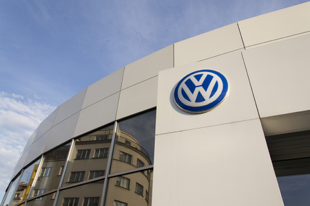 PRAGUE, CZECH REPUBLIC - SEPTEMBER 5: Volkswagen carmaker logo on a building of dealership on September 24, 2015 in Prague, Czech republic. Great emission scandal raises around number of Volkswagen Group cars with the EA189, 2.0 litre TDI engine.のeditorial素材