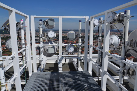 Bunch of transmitters and aerials on the skyscraper in Prague, Czech Republicの写真素材