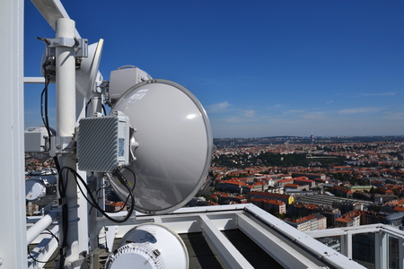 Bunch of transmitters and aerials on the skyscraper in Prague, Czech Republicの写真素材