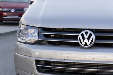 PRAGUE, CZECH REPUBLIC - OCTOBER 1: Car with Volkswagen logo in front of dealership building on October 1, 2015 in Prague, Czech republic.のeditorial素材