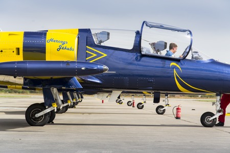 HRADEC KRALOVE, CZECH REPUBLIC - SEPTEMBER 5: Baltic Bees Jet Team with Aero L-39 Albatros planes standing on a runway at the CIAF - Czech international air fest on September 5, 2015 in Hradec Kralove, Czech republic.のeditorial素材