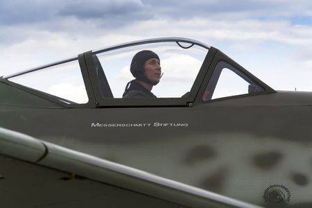 HRADEC KRALOVE, CZECH REPUBLIC - SEPTEMBER 5: Messerschmitt Me-262 Schwalbe standing on runway at Czech international air festival on September 5, 2015 in Hradec Kralove, Czech republic.のeditorial素材