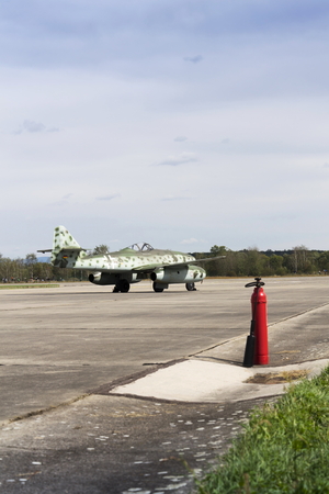 HRADEC KRALOVE, CZECH REPUBLIC - SEPTEMBER 5: Messerschmitt Me-262 Schwalbe standing on runway at Czech international air festival on September 5, 2015 in Hradec Kralove, Czech republic.のeditorial素材