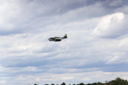 First operational jet-powered fighter aircraft Messerschmitt Me-262 Schwalbe flyingのeditorial素材