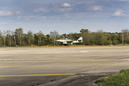First operational jet-powered fighter aircraft Messerschmitt Me-262 Schwalbe flyingのeditorial素材