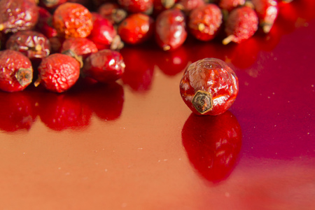 Dried hips of dog rose on red backgroundの写真素材