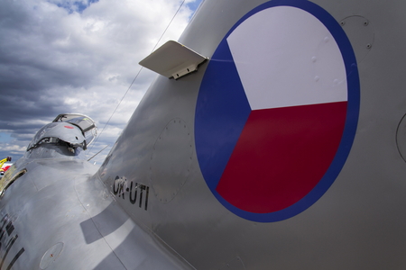 Detail of jet fighter aircraft Mikoyan-Gurevich MiG-15 with open cockpit developed for the Soviet Unionのeditorial素材