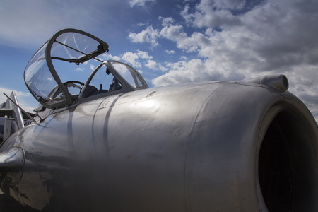 Detail of jet fighter aircraft Mikoyan-Gurevich MiG-15 with open cockpit developed for the Soviet Unionのeditorial素材