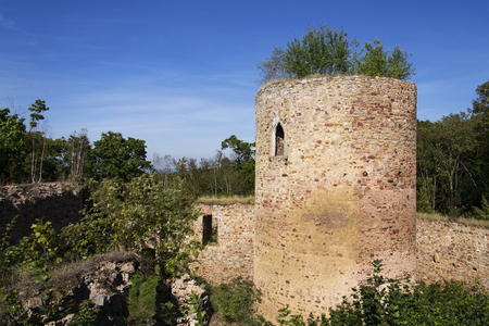 Bosky ruins of the abandoned Valdek castle in Central Bohemian region of the Czech Republic in sunny summer day with clear blue skyの写真素材