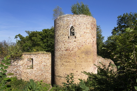 Bosky ruins of the abandoned Valdek castle in Central Bohemian region of the Czech Republic in sunny summer day with clear blue skyの写真素材