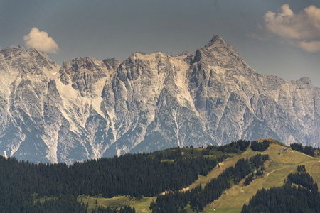 Leogang Mountains with highest peak Birnhorn idyllic summer landscape Alps, Austriaの写真素材