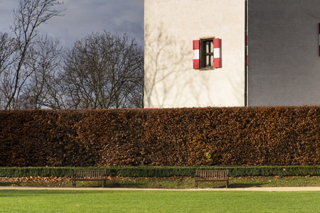 Benches in front of the Letohradek Hvezda - renaissance villa in Pragueのeditorial素材