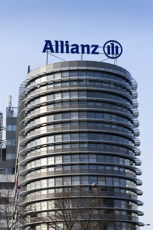 PRAGUE, CZECH REPUBLIC - MARCH 31: Financial and insurance group Allianz logo on the building of the Czech Allianz headquarters on March 31, 2016 in Prague, Czech republic.のeditorial素材