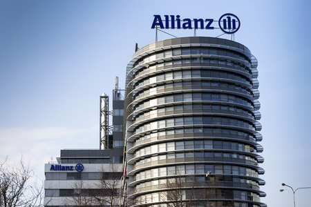 PRAGUE, CZECH REPUBLIC - MARCH 31: Financial and insurance group Allianz logo on the building of the Czech Allianz headquarters on March 31, 2016 in Prague, Czech republic.のeditorial素材