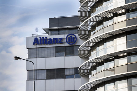 PRAGUE, CZECH REPUBLIC - MARCH 31: Financial and insurance group Allianz logo on the building of the Czech Allianz headquarters on March 31, 2016 in Prague, Czech republic.のeditorial素材