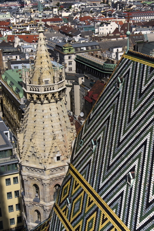 Mosaic roof patern of the St. Stephens Cathedral (Stephansdom) in Vienna, Austriaの写真素材