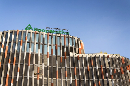 PRAGUE, CZECH REPUBLIC - MARCH 31: Kooperativa - Vienna Insurance group logo on the Main Point Karlin building of the Czech headquarters on March 31, 2016 in Prague, Czech republic.のeditorial素材