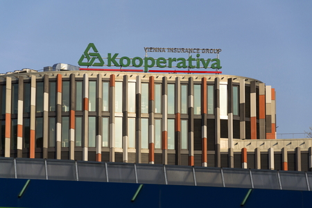 PRAGUE, CZECH REPUBLIC - MARCH 31: Kooperativa - Vienna Insurance group logo on the Main Point Karlin building of the Czech headquarters on March 31, 2016 in Prague, Czech republic.のeditorial素材