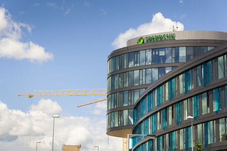 PRAGUE, CZECH REPUBLIC - JUNE 18: Sberbank corporation logo on the building of Czech headquarters on June 18, 2016 in Prague, Czech republic.のeditorial素材