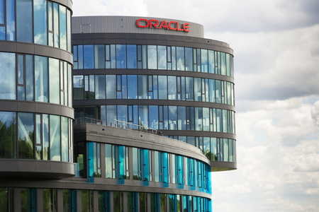 PRAGUE, CZECH REPUBLIC - JUNE 18: Oracle corporation logo on the building of czech headquarters on June 18, 2016 in Prague, Czech republic.のeditorial素材