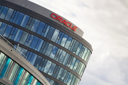 PRAGUE, CZECH REPUBLIC - JUNE 18: Oracle corporation logo on the building of czech headquarters on June 18, 2016 in Prague, Czech republic.のeditorial素材