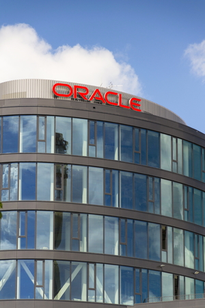 PRAGUE, CZECH REPUBLIC - JUNE 18: Oracle corporation logo on the building of czech headquarters on June 18, 2016 in Prague, Czech republic.のeditorial素材