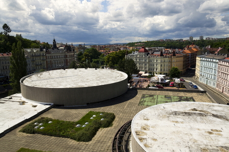 KARLOVY VARY, CZECH REPUBLIC - JULY 3: People walk on streets of spa town Karlovy Vary with roof of Hotel Thermal in foreground on July 3, 2016 in Karlovy Vary, Czech republic.のeditorial素材