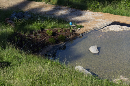 Natural swimming pond purifying water without chemicals through filters and plantsの写真素材