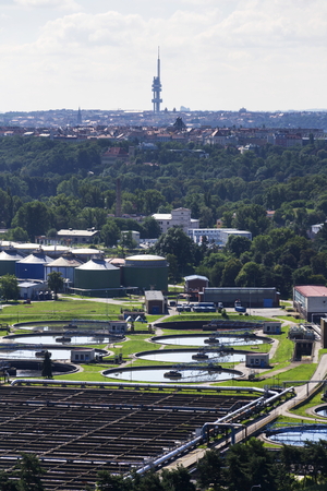 Prague sewage water treatment plant with Zizkov tower in backgroundの写真素材
