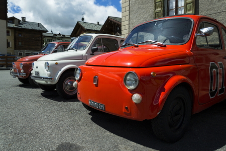 LIVIGNO, ITALY - AUGUST 1: Detail of cars standing on street on 1 August 2016 in Livigno, Italy.のeditorial素材