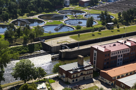 Aerial view of storage tanks in sewage water treatment plant