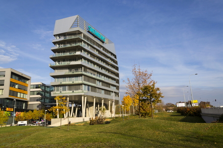 PRAGUE, CZECH REPUBLIC - NOVEMBER 7: Siemens company logo on Czech headquarters on November 7, 2016 in Prague, Czech republic. Siemens extends  servicing contract at wind turbines Lower Snake River project in Washington for a further ten years.のeditorial素材