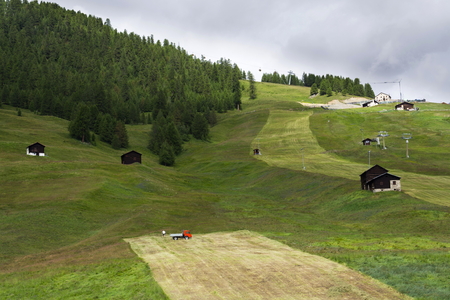 Man rakes hay with truck on steep hillside, Livigno, Italyの写真素材