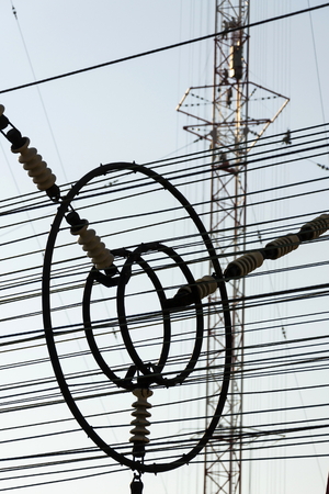Communication wires at radio transmitter tower Liblice in Czech republicの写真素材
