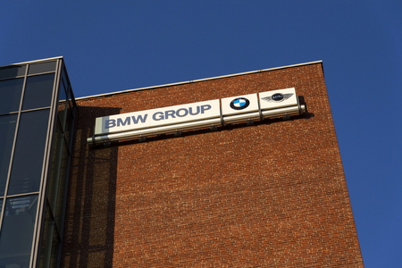 PRAGUE, CZECH REPUBLIC - DECEMBER 16: BMW group company logo on Czech headquarters building on December 16, 2016 in Prague, Czech republic.のeditorial素材