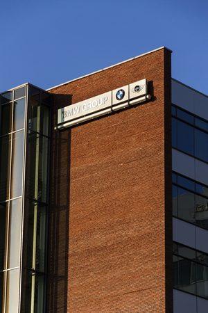 PRAGUE, CZECH REPUBLIC - DECEMBER 16: BMW group company logo on Czech headquarters building on December 16, 2016 in Prague, Czech republic.のeditorial素材