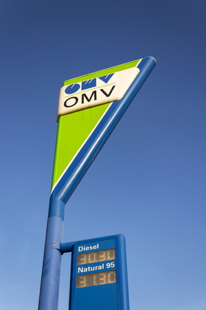 PRAGUE, CZECH REPUBLIC - DECEMBER 16: OMV international oil and gas company logo on fuel station on December 16, 2016 in Prague, Czech republic. OMV and Gazprom reach deal on swap on Norway and Siberia assets.のeditorial素材