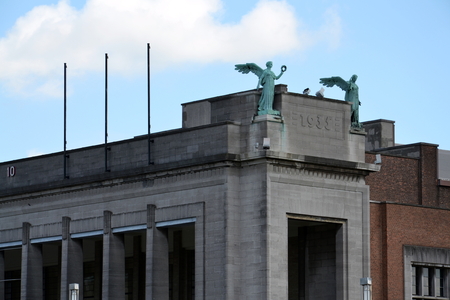 Brussels Expo building facade with copper sculptures exhibition hallsの写真素材
