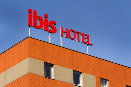 PRAGUE, CZECH REPUBLIC - OCTOBER 1: Ibis hotel company logo on the building on October 1, 2015 in Prague, Czech republic.のeditorial素材