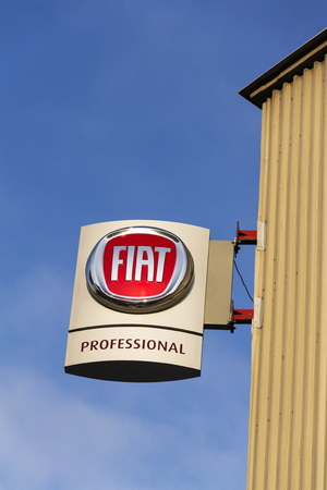 PRAGUE, CZECH REPUBLIC - JANUARY 20: Fiat group company logo on dealership building on January 20, 2017 in Prague, Czech republic. American regulator EPA investigate Fiat Chrysler for emissions cheating.のeditorial素材
